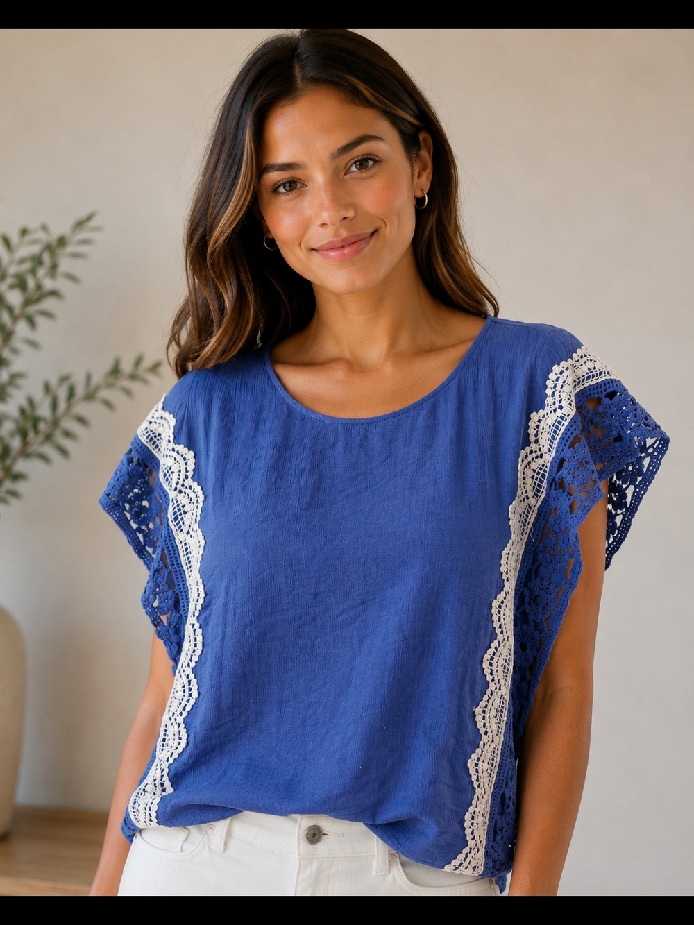 Alya Royal Blue Crochet-Trim Scoop Neck Blouse Size Large